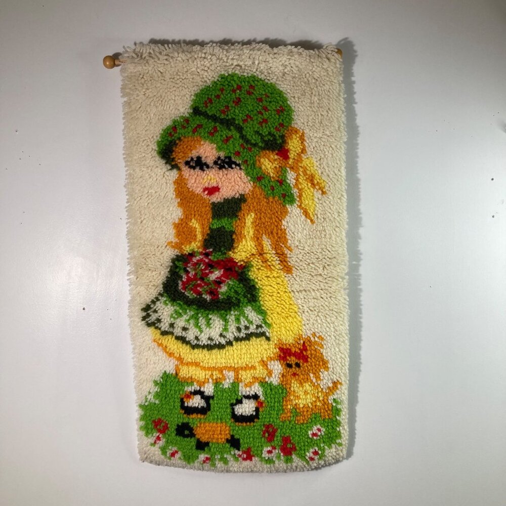 70s Handmade Latch Hook Wall Hanging Girl Red Hair Bonnet Cat Turtle 15 x 30